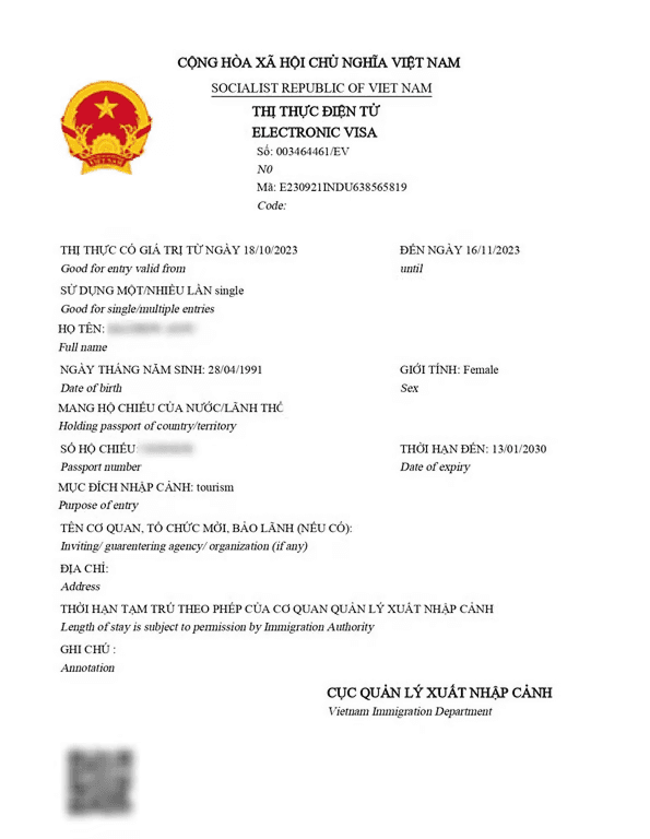 Vietnam e-visa sample